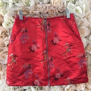 Red Floral Satin Skirt